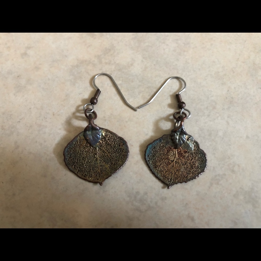 Copper Patina Real Leaf Earrings